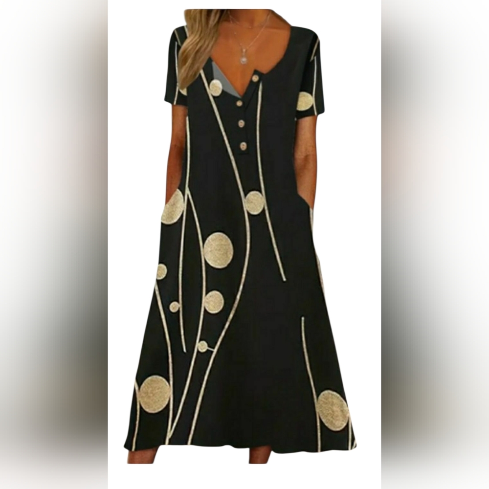 BLACK  & TAN STRIPE DOT PRINT BUTTON SHORT SLEEVE VEE NECK SUMMER SPRING…